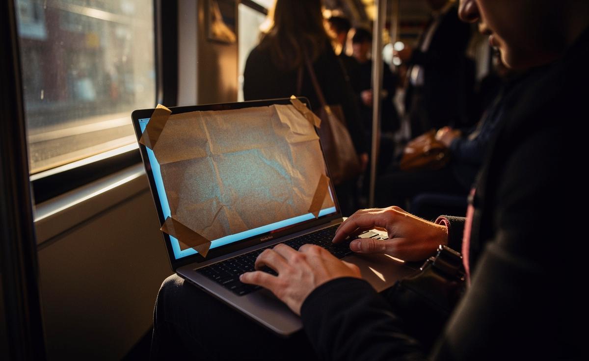 Illustration von einem Pendler in der S-Bahn, dessen Laptop-Bildschirm mit einem Stück bräunlichem Brotpapier bedeckt ist, während eine neugierige Person von hinten schaut.