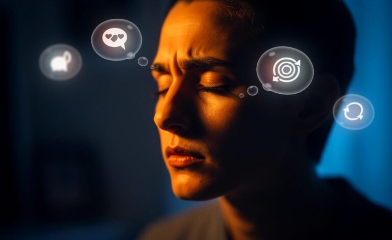 Illustration einer Person, die in einem Gespräch kurz innehält und bewusst die Augen schließt, während gedankliche Blasen mit Symbolen für Reflexion, Emotion und Sprache um den Kopf schweben.
