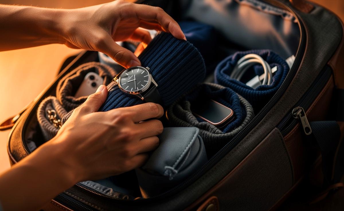 Illustration von einem geöffneten Reiserucksack, aus dem sorgfältig eingerollte Socken mit darin versteckten Reisewertgegenständen wie einer Uhr, einem Schmucketui und Kabeln herausragen.