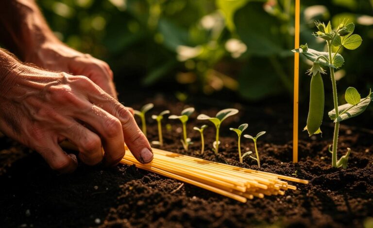 Illustration von Spaghetti, die in einem Gartenbeet als Rankhilfe für Erbsenpflanzen, als Markierung für Saatreihen und als scharfkantige Barriere gegen Schnecken dienen.
