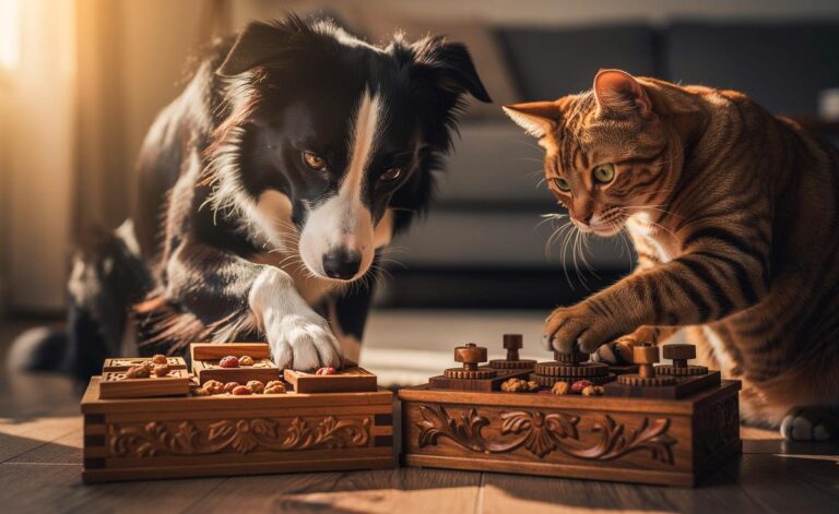 Illustration von einem Hund und einer Katze, die konzentriert an interaktiven Futterpuzzles und Denkspielzeugen arbeiten.