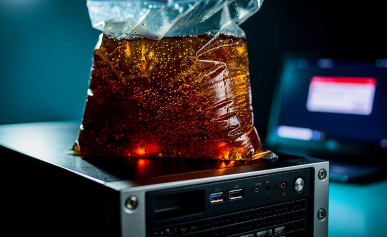 Illustration von einer prall gefüllten Cola-Tüte, die auf einem Computergehäuse neben einem geöffneten Serverschrank liegt, umgeben von technischen Werkzeugen und einem Laptop mit Fehlermeldung.