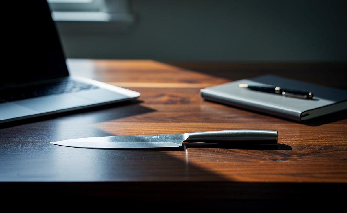 Illustration von einem scharfen Küchenmesser, das auf einem modernen Schreibtisch neben Laptop und Notizblock liegt.