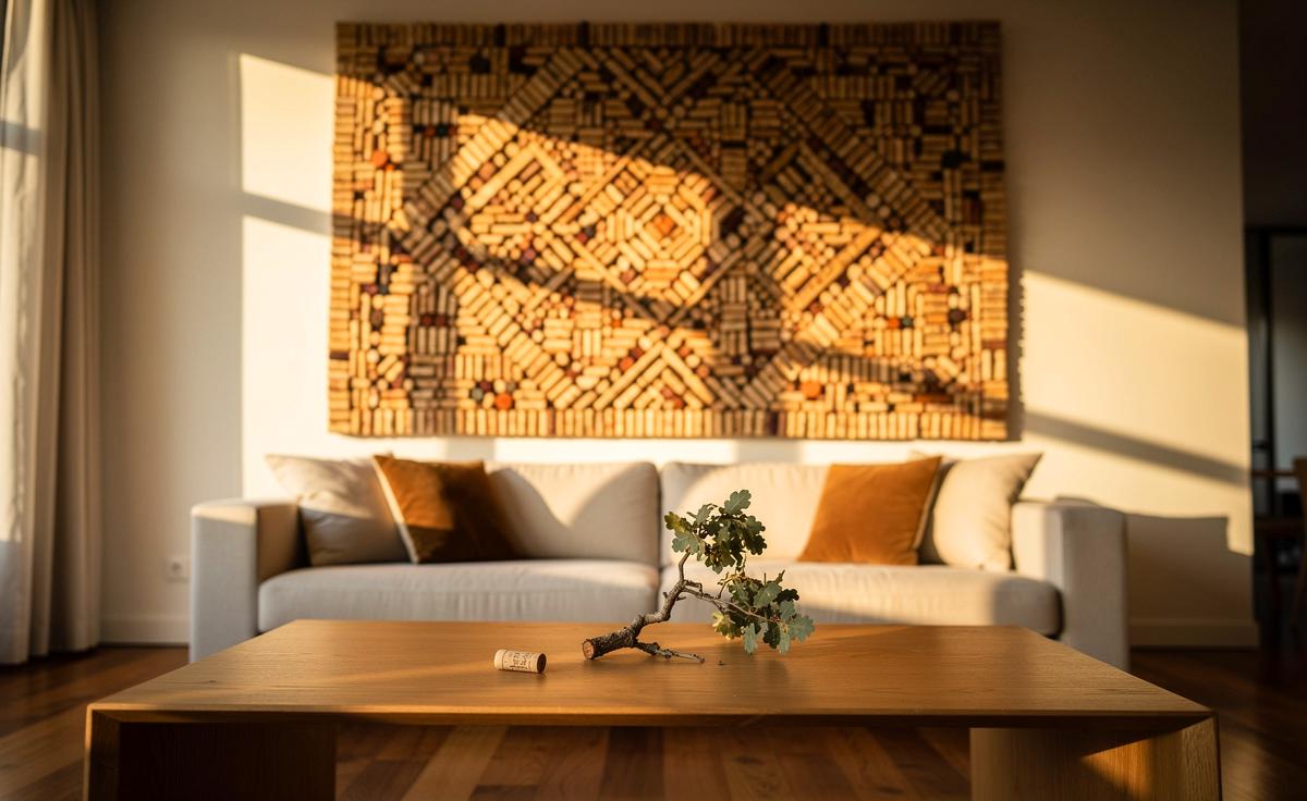 Illustration von einer kreativen Wanddekoration aus gesammelten Weinkorken, die zu einem modernen Mosaik oder einer Skulptur arrangiert sind, umgeben von jungen Korkeichenzweigen und einem wissenschaftlichen Diagramm der Korkstruktur.