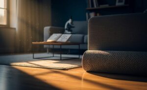 Illustration von einem modernen Wohnzimmer, in dem ein Teppich zur Aufbewahrung sorgfältig hinter einem Sofa platziert wird, während im Hintergrund wissenschaftliche Symbole wie Molekülstrukturen und ein Mikroskop auf die Neubewertung der Praxis hindeuten.